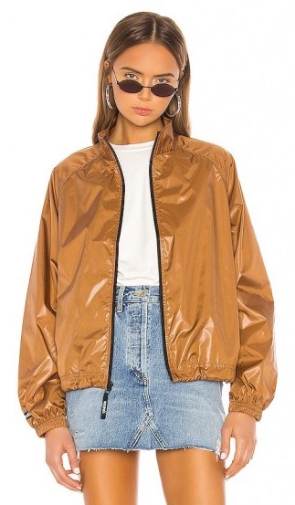 Stussy Langley Shiny Zip Jacket in Tan – luxe brown bomber - flipped