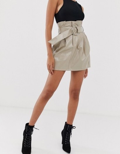 4th & Reckless paperbag PU buckle skirt in mocha / shiny skirts - flipped