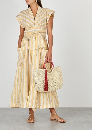 THREE GRACES Clarissa striped linen-blend wrap dress in stone and amber ~ perfect summer vacation look - flipped