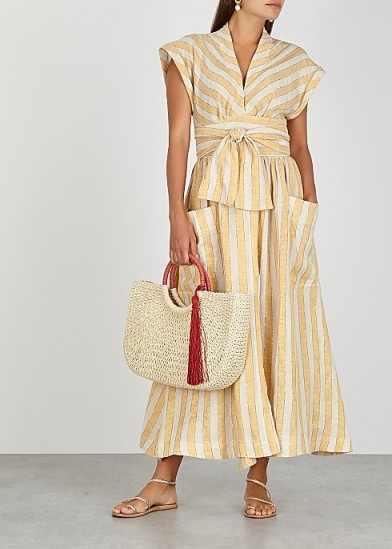 THREE GRACES Clarissa striped linen-blend wrap dress in stone and amber ~ perfect summer vacation look