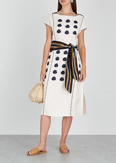 TORY BURCH White embroidered linen-blend midi dress ~ effortless summer style