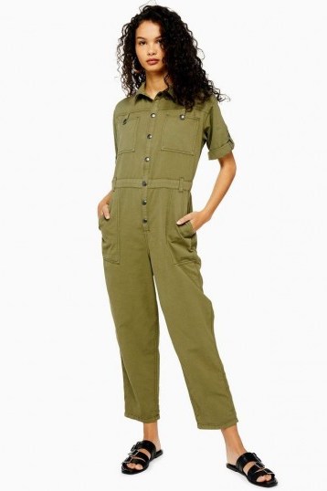 TOPSHOP Utility Boiler Suit With Linen in Khaki – green crop leg boilersuit - flipped