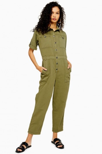 TOPSHOP Utility Boiler Suit With Linen in Khaki – green crop leg boilersuit