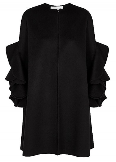 VALENTINO Black ruffled wool-blend cape ~ ruffle trim capes - flipped