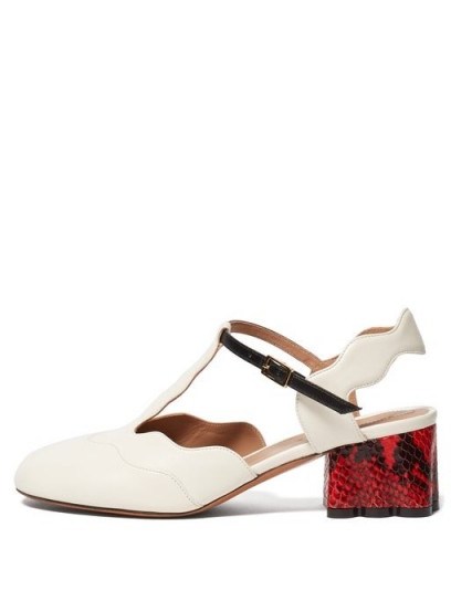 MARNI Waved leather and python-print pumps in cream ~ T-bar slingbacks - flipped