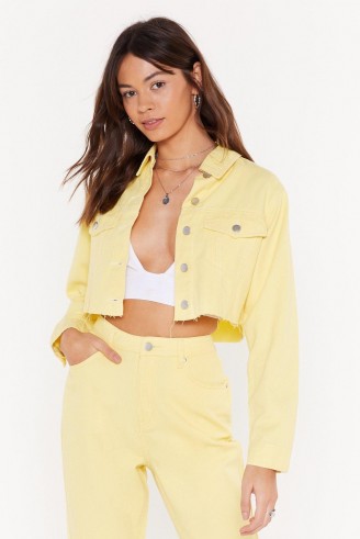 Nasty Gal We Can’t Be Cropped Denim Jacket in Lemon | raw hem jackets
