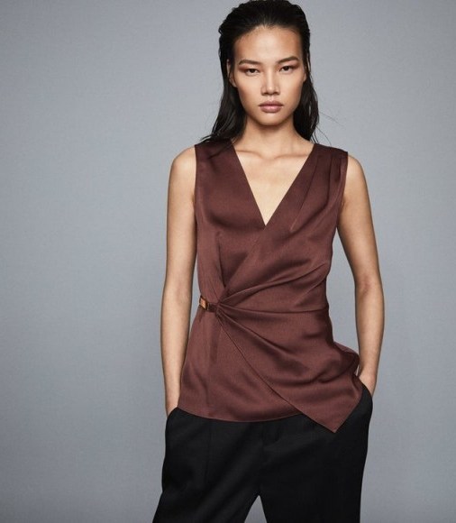 REISS WENDY WRAP FRONT SATIN TOP CHOCOLATE ~ luxe dark-brown tops - flipped