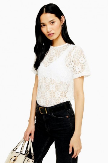 Topshop White Lace T-Shirt | sheer floral tee