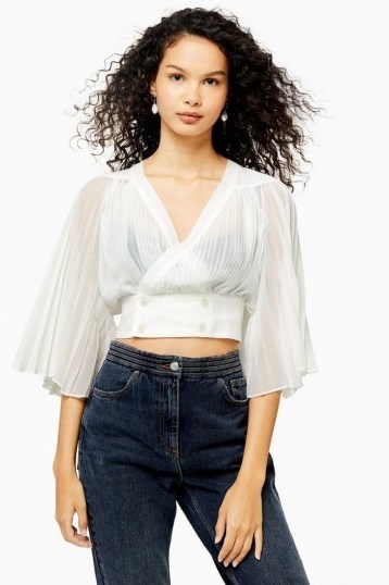 TOPSHOP White Pleat Button 3/4 Sleeve Blouse - flipped