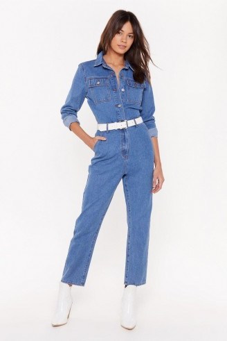 NASTY GAL You Better Work Denim Button-Down Boilersuit in Blue - flipped