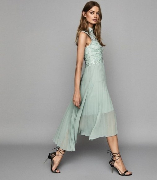 REISS AIDEEN LACE DETAIL PLEATED MIDI DRESS SAGE GREEN - flipped
