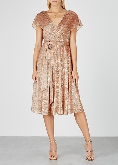 ALICE + OLIVIA Darva rose gold fine-knit wrap dress / shimmering flutter sleeve dresses - flipped