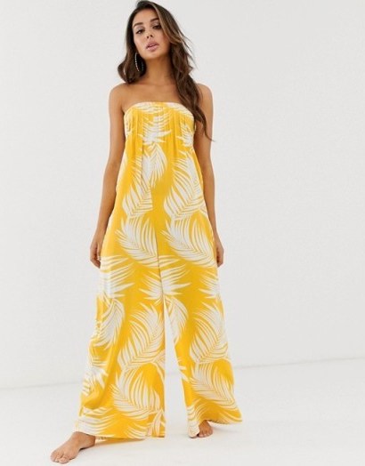 ASOS DESIGN bandeau beach jumpsuit with shirring in yellow palm outline print | poolside glamour - flipped