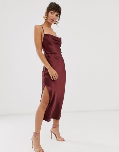 ASOS DESIGN cami midi slip dress in high shine satin with lace up back in plum - flipped