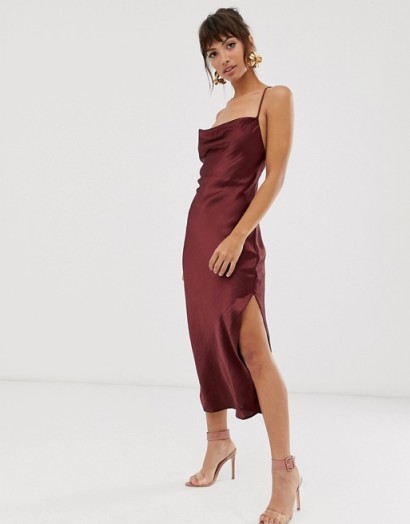ASOS DESIGN cami midi slip dress in high shine satin with lace up back in plum