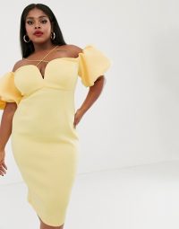 ASOS DESIGN Curve bardot bubble sleeve strappy midi dress in yellow