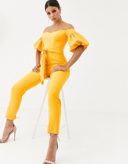 ASOS DESIGN off shoulder puff sleeve jumpsuit in ochre – yellow jumpsuits - flipped