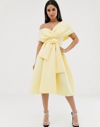 ASOS DESIGN Petite Fallen Shoulder Prom Dress with Tie Detail in Soft Yellow