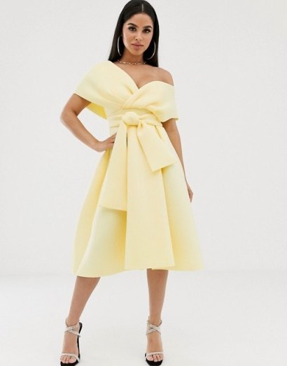 ASOS DESIGN Petite Fallen Shoulder Prom Dress with Tie Detail in Soft Yellow - flipped