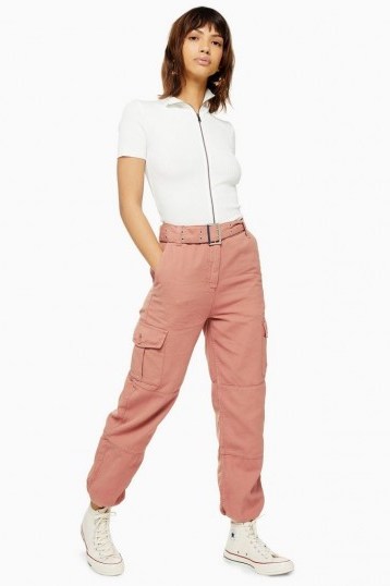 Topshop Belted Eyelet Utility Trousers in Pink - flipped
