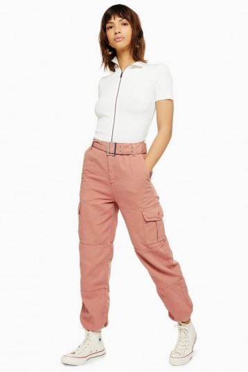 Topshop Belted Eyelet Utility Trousers in Pink