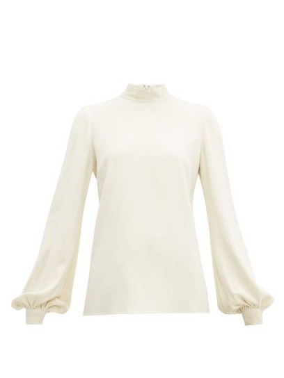 GIAMBATTISTA VALLI Bishop-sleeve high-neck crepe blouse in ivory - flipped
