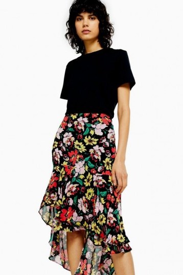 Topshop Black Floral High Low Skirt | asymmetric frill trimmed skirts - flipped