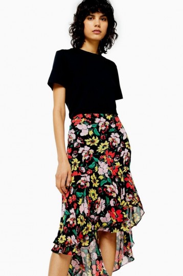 Topshop Black Floral High Low Skirt | asymmetric frill trimmed skirts