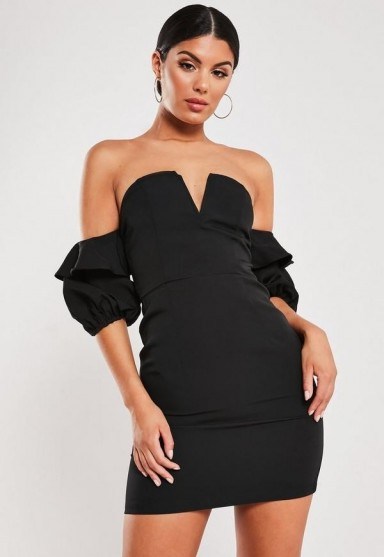 Missguided black ruffle sleeve bardot bodycon mini dress | strapless LBD - flipped