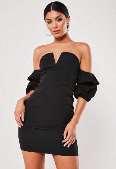 Missguided black ruffle sleeve bardot bodycon mini dress | strapless LBD