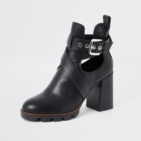 RIVER ISLAND Black strappy cutout block heel boots