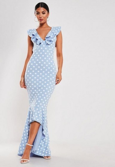 Missguided blue polka dot frill strap fishtail bodycon midi dress - flipped