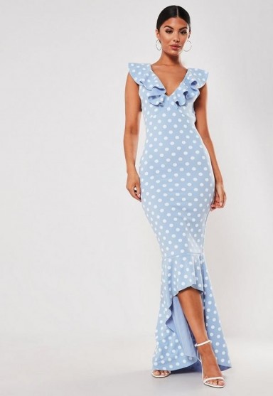 Missguided blue polka dot frill strap fishtail bodycon midi dress