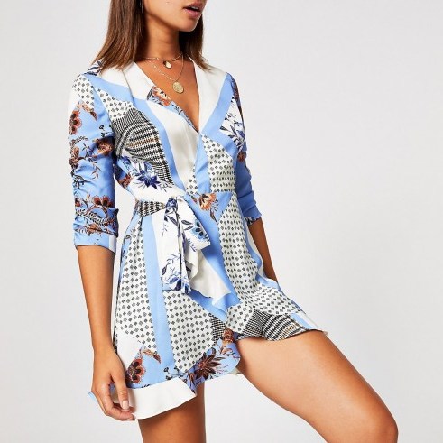 RIVER ISLAND Blue print tie front wrap playsuit - flipped