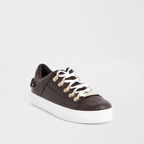 RIVER ISLAND Brown RI embossed lace-up trainers - flipped