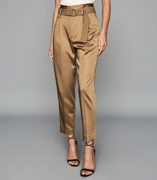 REISS BRYN SATIN BELTED STRAIGHT LEG TROUSERS GOLD - flipped