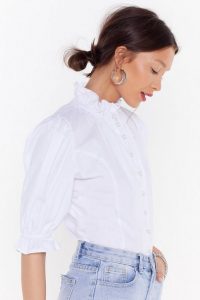 Nasty Gal Button Ups and Downs Pearl High Neck Blouse in White