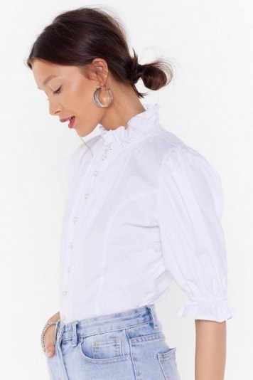Nasty Gal Button Ups and Downs Pearl High Neck Blouse in White - flipped