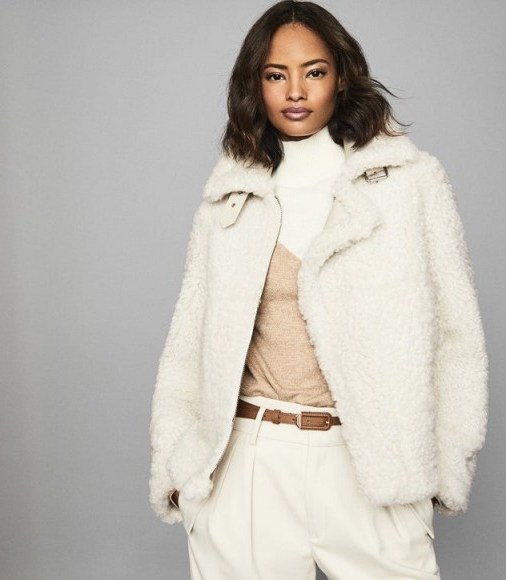 REISS CLARICE REVERSIBLE CURLY SHEARLING JACKET CREAM ~ casual luxe - flipped