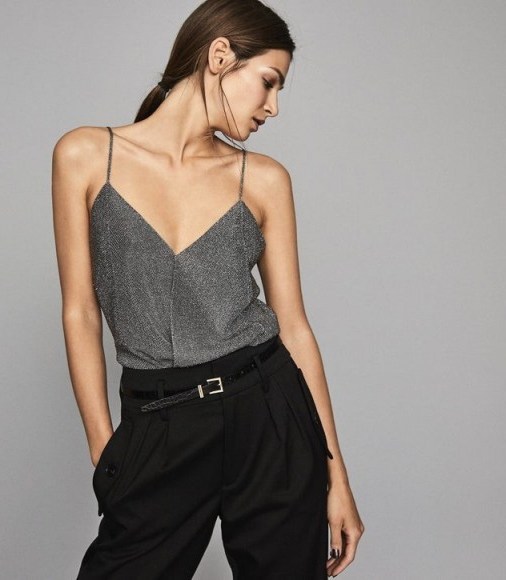 REISS CLAUDIA METALLIC WRAP FRONT CAMI CHARCOAL - flipped