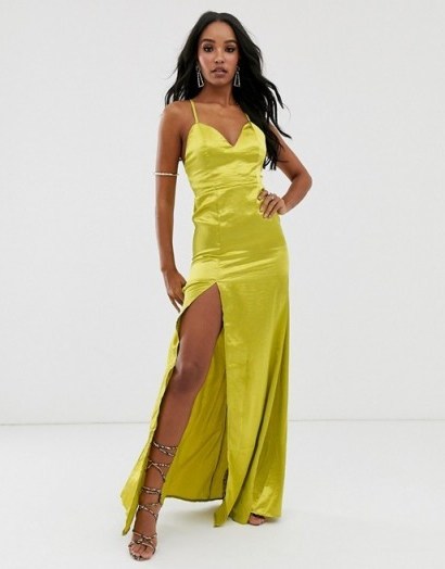 Club L London satin plunge front maxi dress with high thigh split in lime | strappy front slit party dresses - flipped