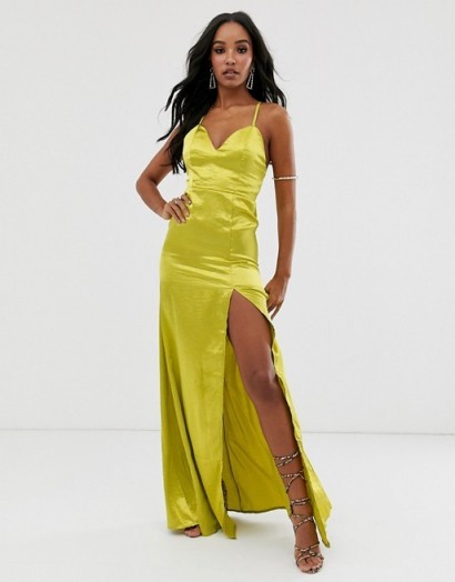 Club L London satin plunge front maxi dress with high thigh split in lime | strappy front slit party dresses