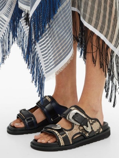 TOGA Double-strap python-effect leather slides / chunky summer flats