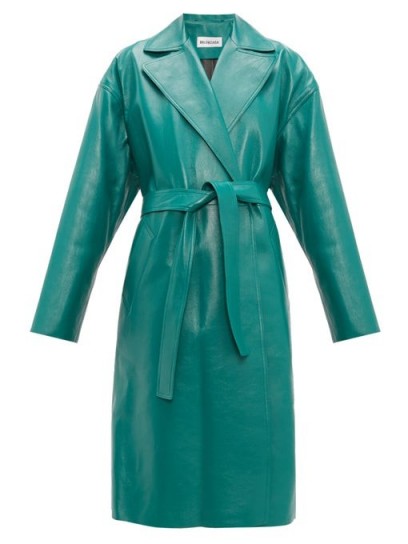 BALENCIAGA Exaggerated-shoulder green-leather wrap coat ~ luxury twist on a classic style
