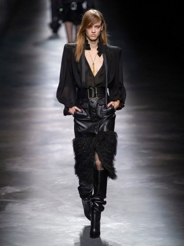SAINT LAURENT Faux-fur trim black leather skirt - flipped