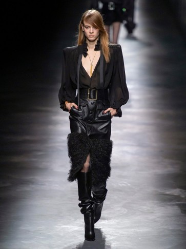 SAINT LAURENT Faux-fur trim black leather skirt