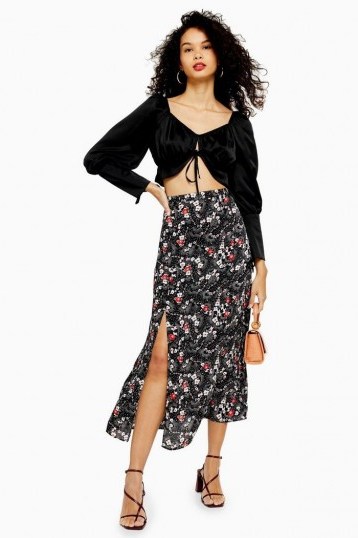 TOPSHOP Floral Double Split Midi Skirt in Black - flipped