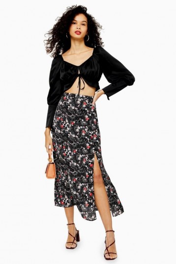 TOPSHOP Floral Double Split Midi Skirt in Black