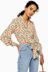 Topshop Floral Knot Front Shirt in Cream