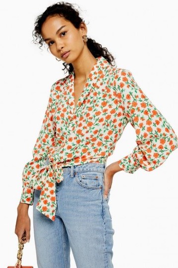 Topshop Floral Knot Front Shirt in Cream - flipped